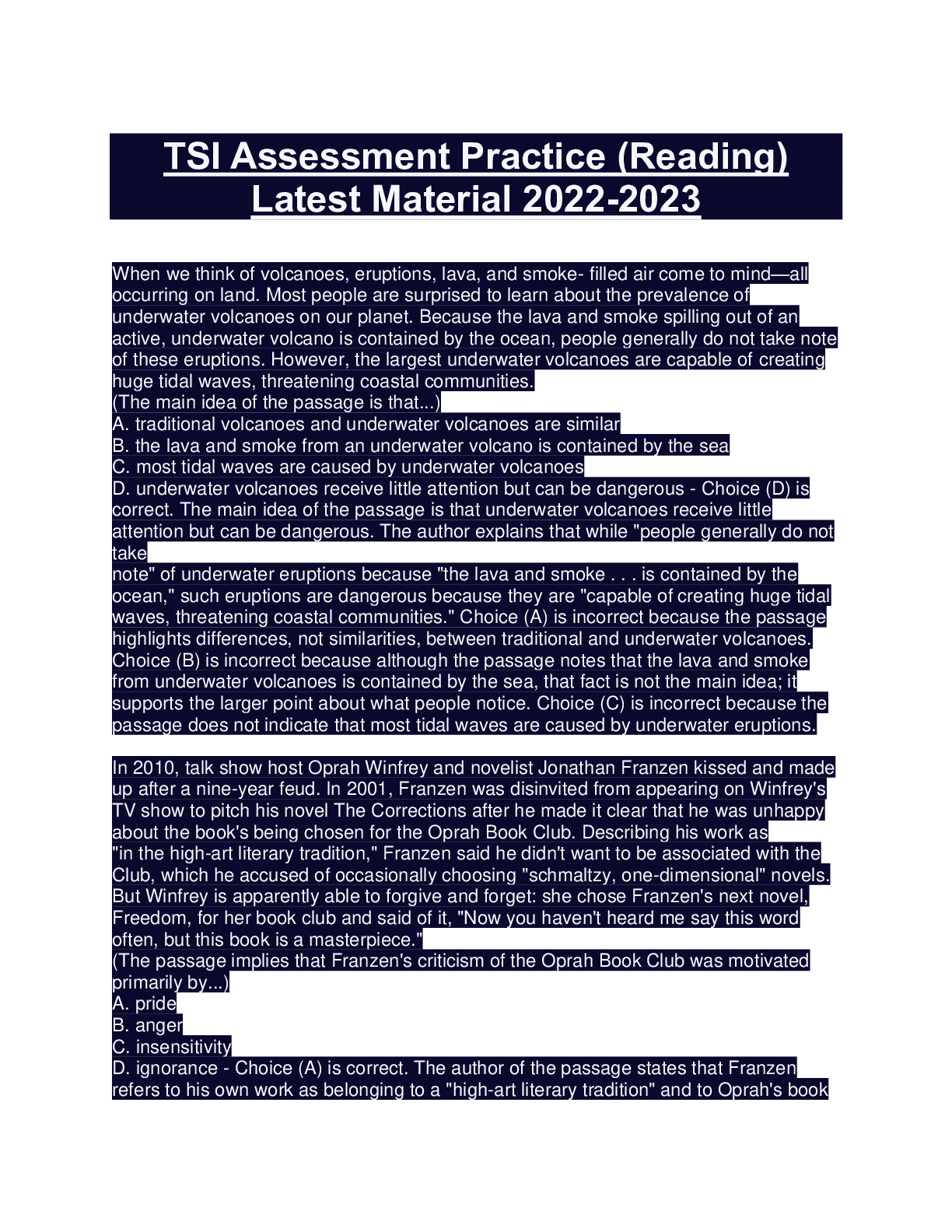 Preview image for TSI Assessment Practice (Reading) Latest Material 2022-2023